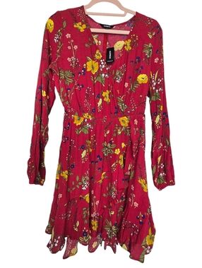 Express floral print long-sleeve ruffle faux wrap dress